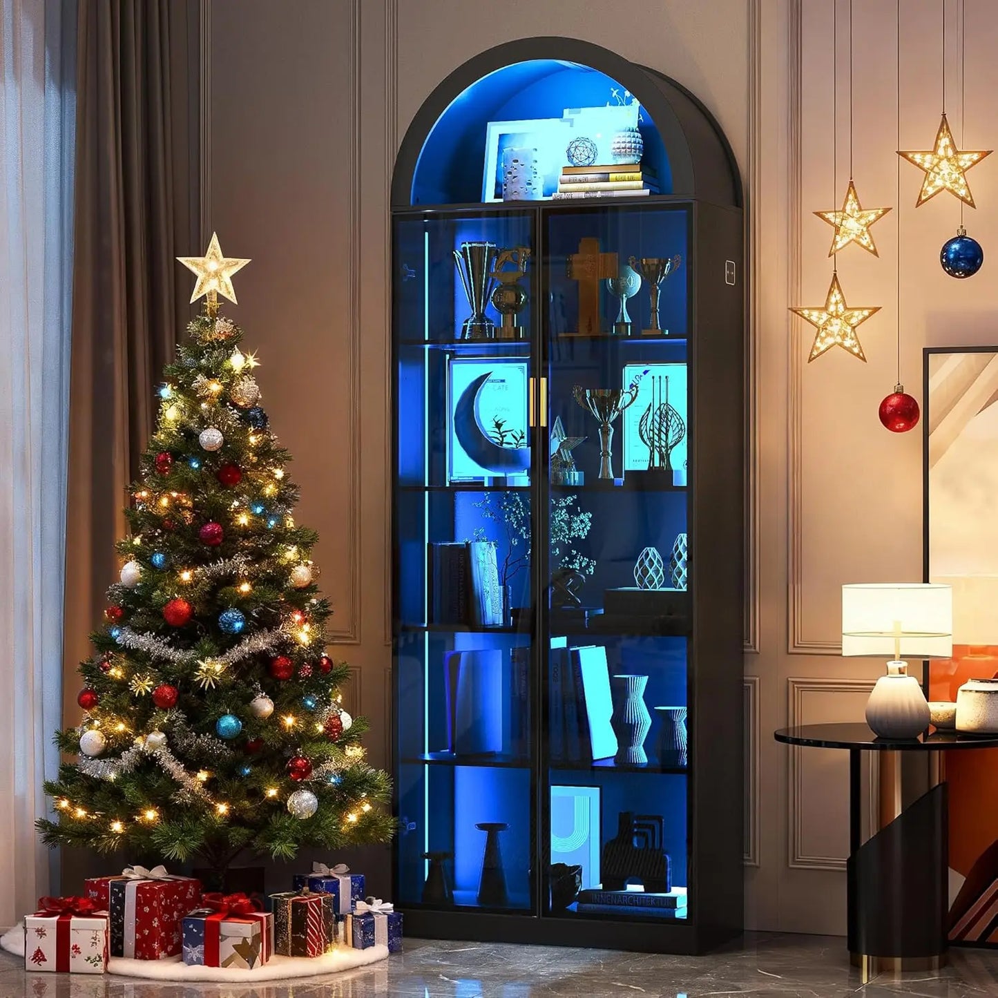 Arch Display Cabinet with Doors and Adjustable Shelves, 76" Tall Curio Cabinet with LED Lights/Storage Space