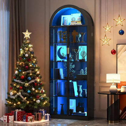 Arch Display Cabinet with Doors and Adjustable Shelves, 76" Tall Curio Cabinet with LED Lights/Storage Space