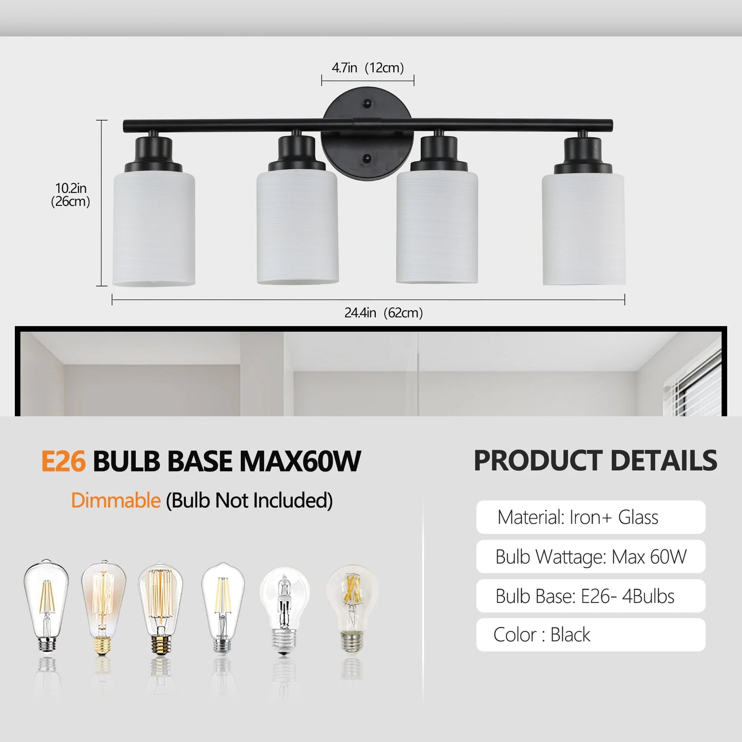Modern 4/5/6 Vanity Bathroom Mirror Lights, With Frosted White Glass Lampshades and Black Iron Frame