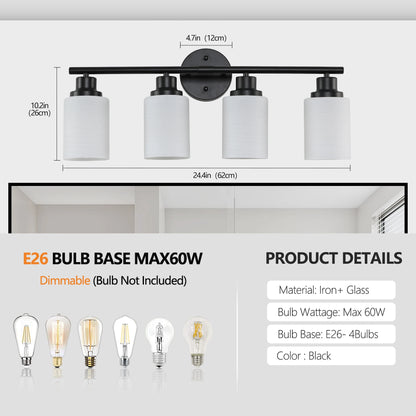 Modern 4/5/6 Vanity Bathroom Mirror Lights, With Frosted White Glass Lampshades and Black Iron Frame