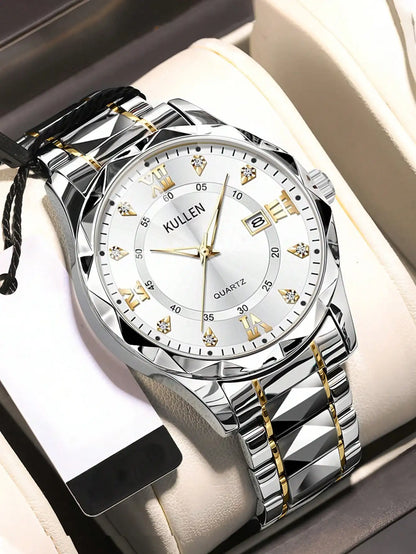 Men's Blue Dial Roman Numeral Quartz Watch with Stainless Steel Band