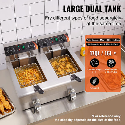 12L Electric Deep Fryer w/Dual Removable Tanks Commercial Countertop  Fryer for Chicken French Fries Frying Chips