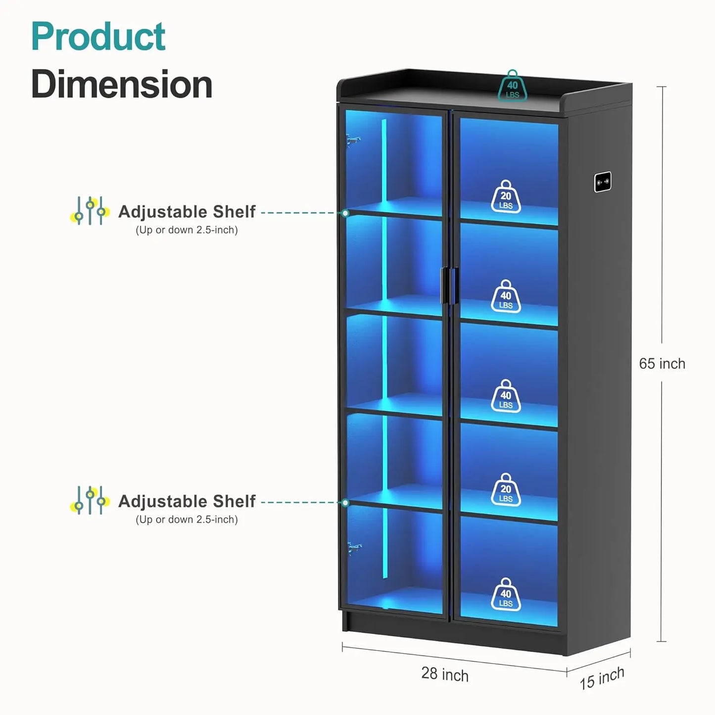 5 Tier Display Cabinet for Living Room, LED Bookcase with Human Body Induction Lights, 65” Tall Curio Cabinet