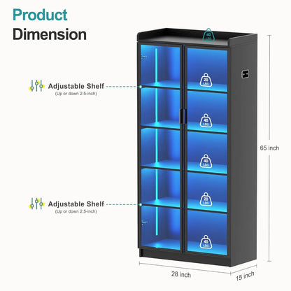 5 Tier Display Cabinet for Living Room, LED Bookcase with Human Body Induction Lights, 65” Tall Curio Cabinet