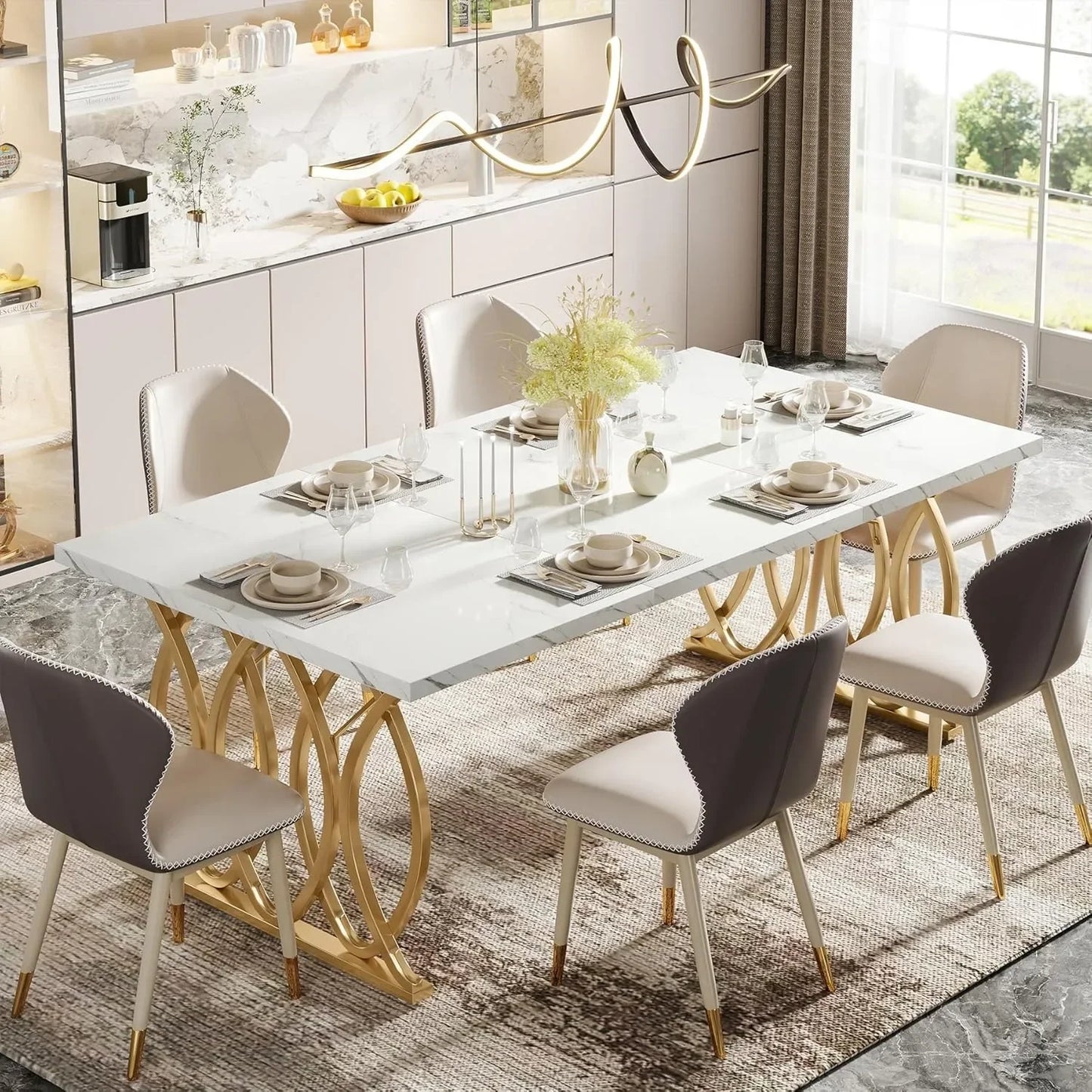 63 inch Modern Dining Table, Large Kitchen Table for 4-6 People, Unique Rectangular Dinner Table Kitchen & Dining Room Furniture