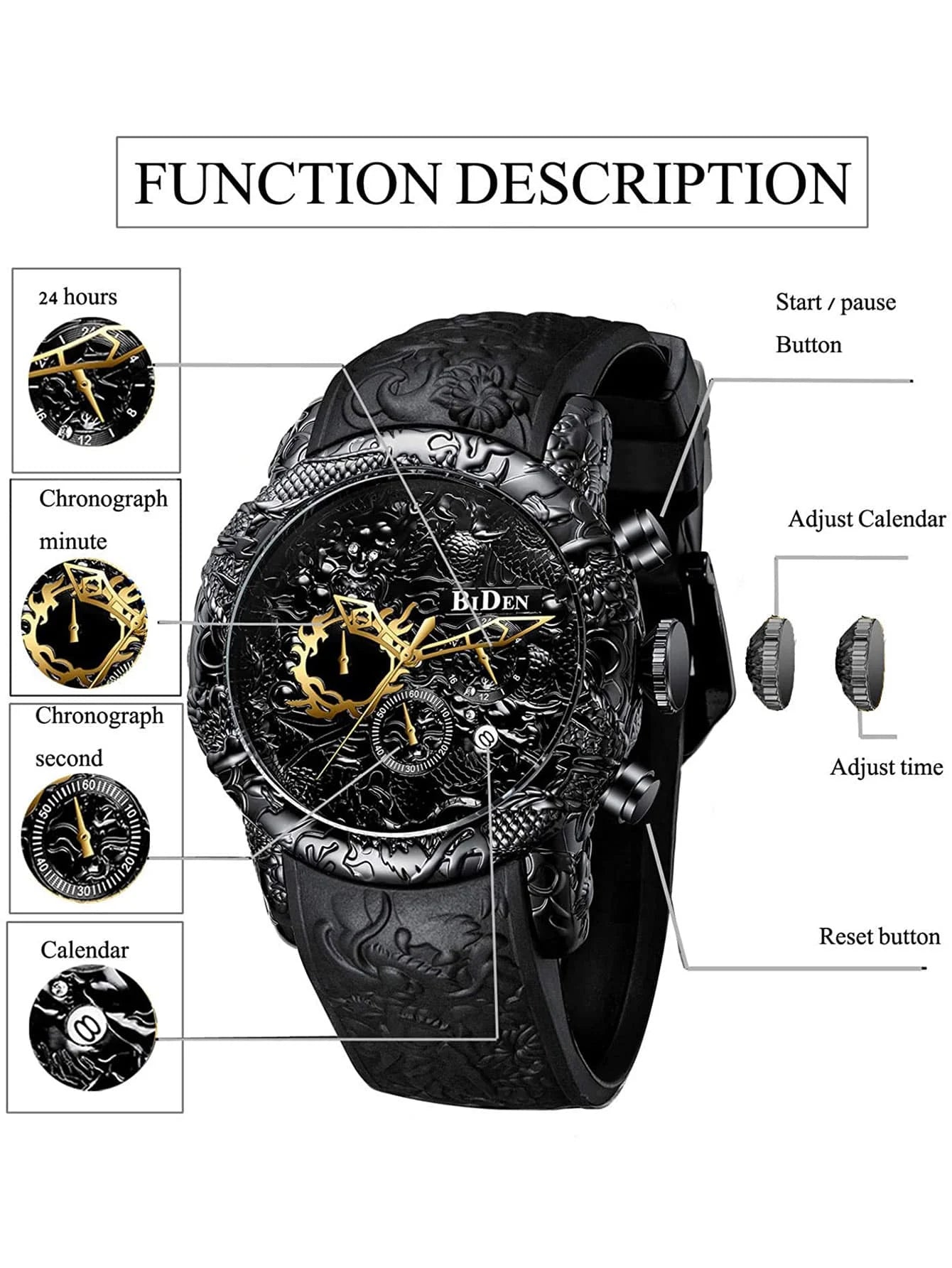 Men's Large Dial Chronograph Waterproof Quartz Watch, with 3D Carved Dragon Design