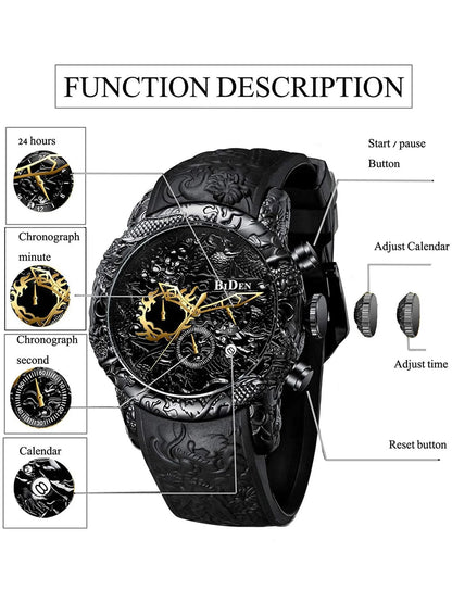 Men's Large Dial Chronograph Waterproof Quartz Watch, with 3D Carved Dragon Design
