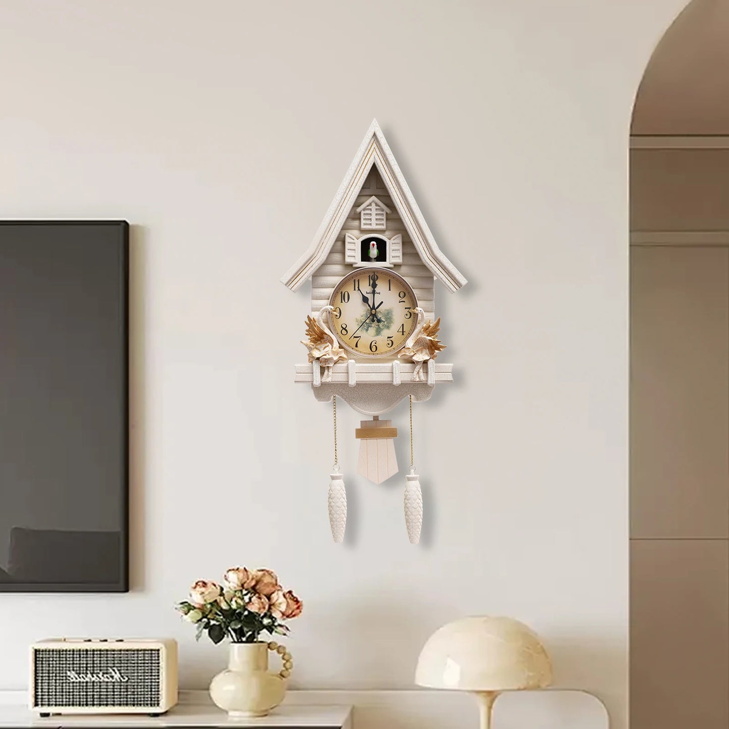 White Cuckoo Wall Clock Antique Battery Operated