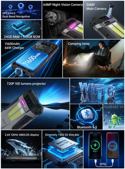 Unihertz Tank 4 5G Rugged Phone Built-in 720P Projector 24+512GB 11600mAh Dimensity 7300 120Hz 6.78'' AMOLED Screen