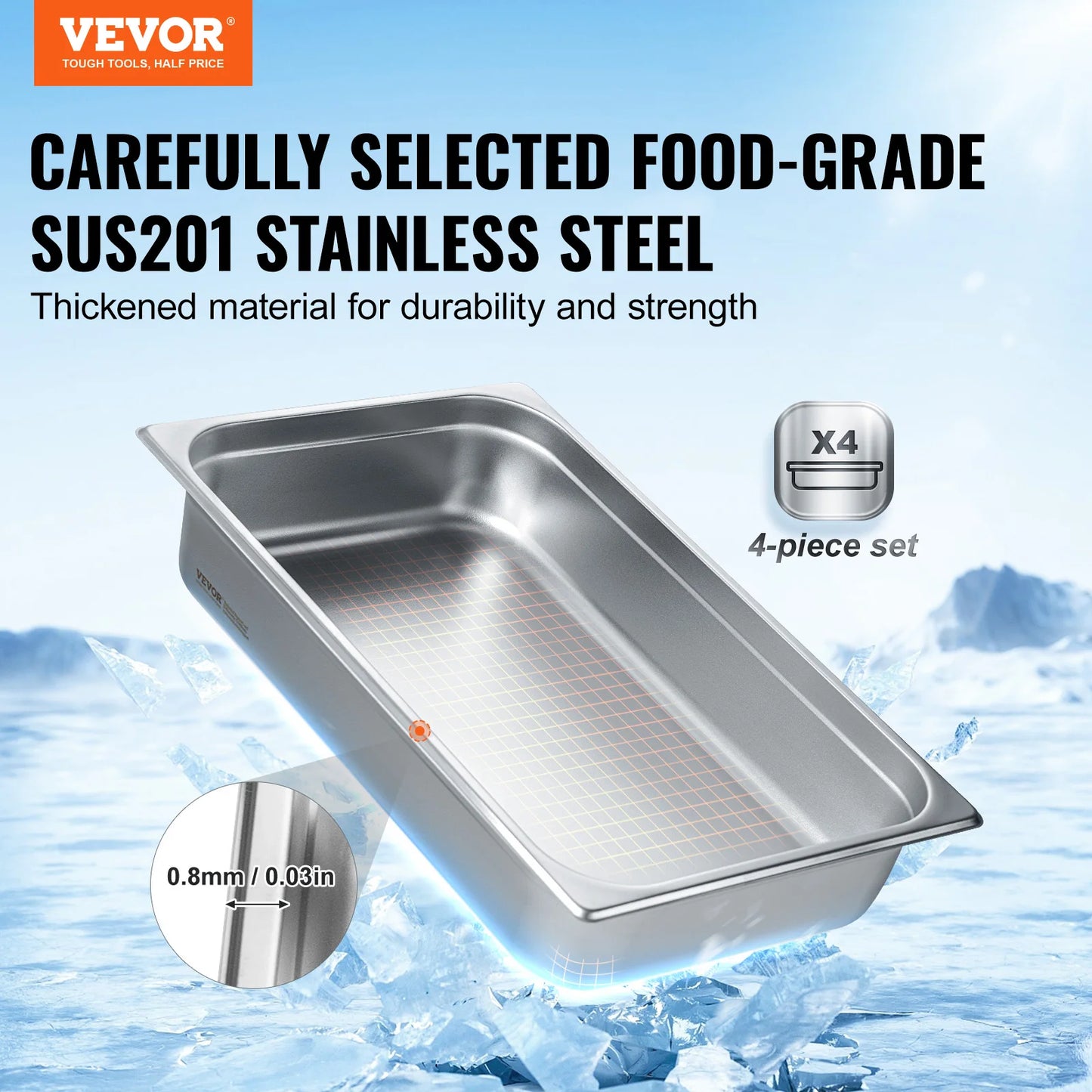 4Pack Hotel Pans Full Size Anti-Jam Steam Pan with Lid Stainless Steel Steam Table Pan 4-Inch Deep