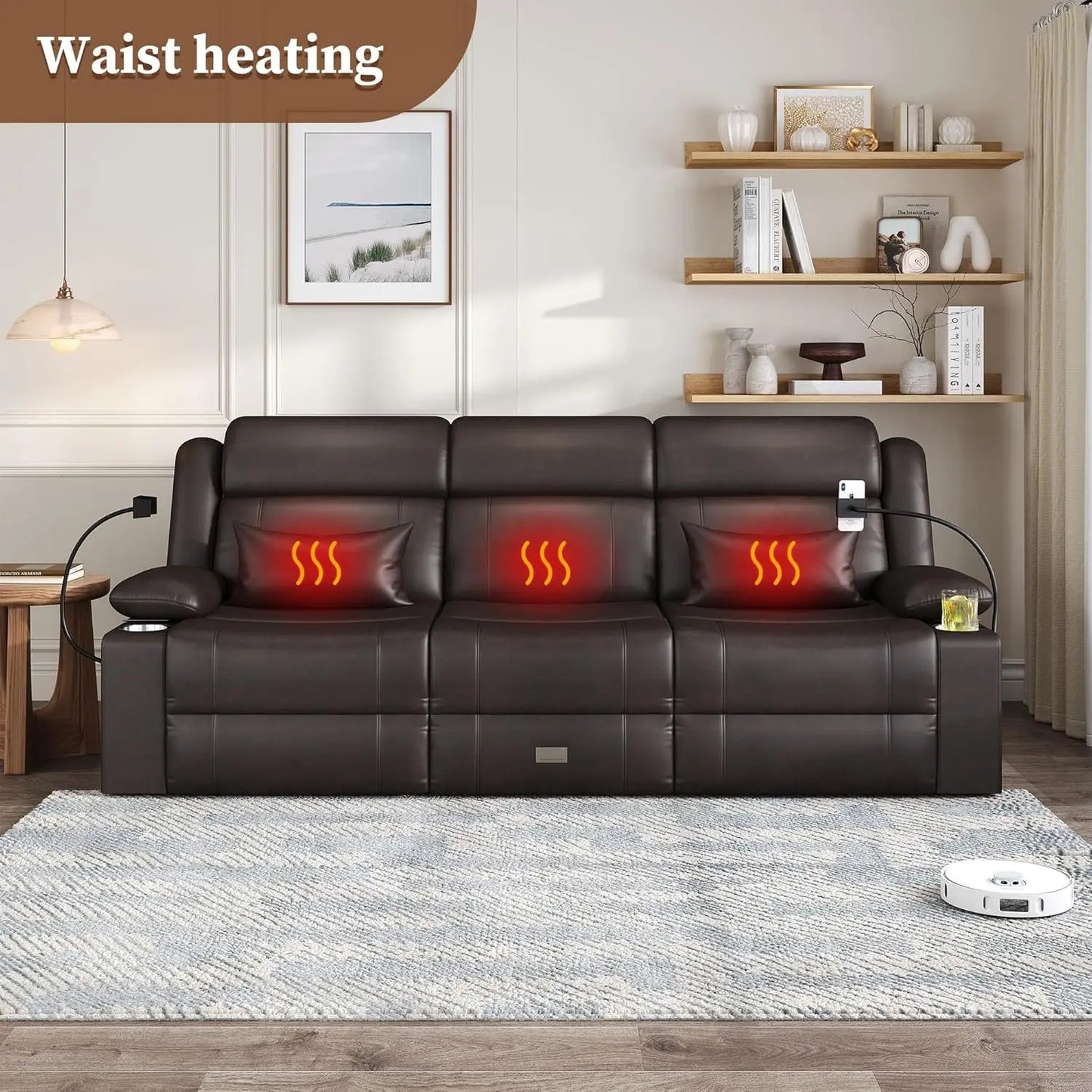 Home Theater, RV Reclining Sofa Set with Adjustable Headrest with Heat and USB & Type-C, and Drawer