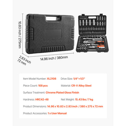 Socket Set 86 Pieces 1/4," 3/8," and 1/2inch SAE and Metric Socket and Ratchet Set