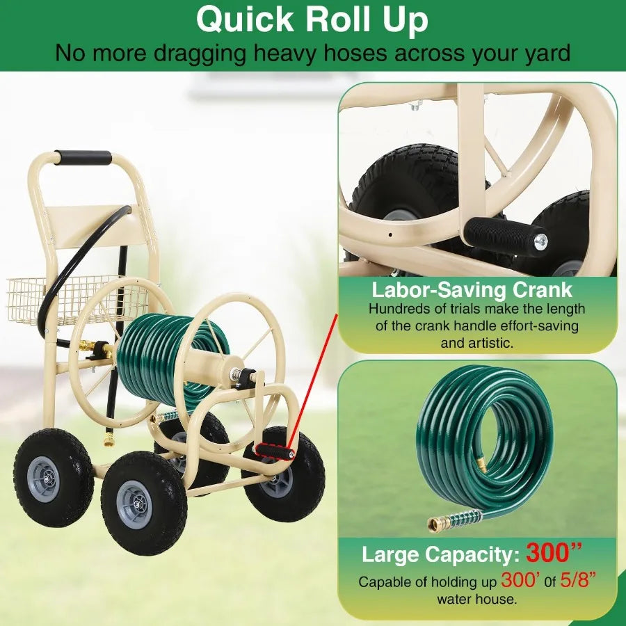 Heavy Duty Garden Hose Reel Cart with 300ft Hose Capacity