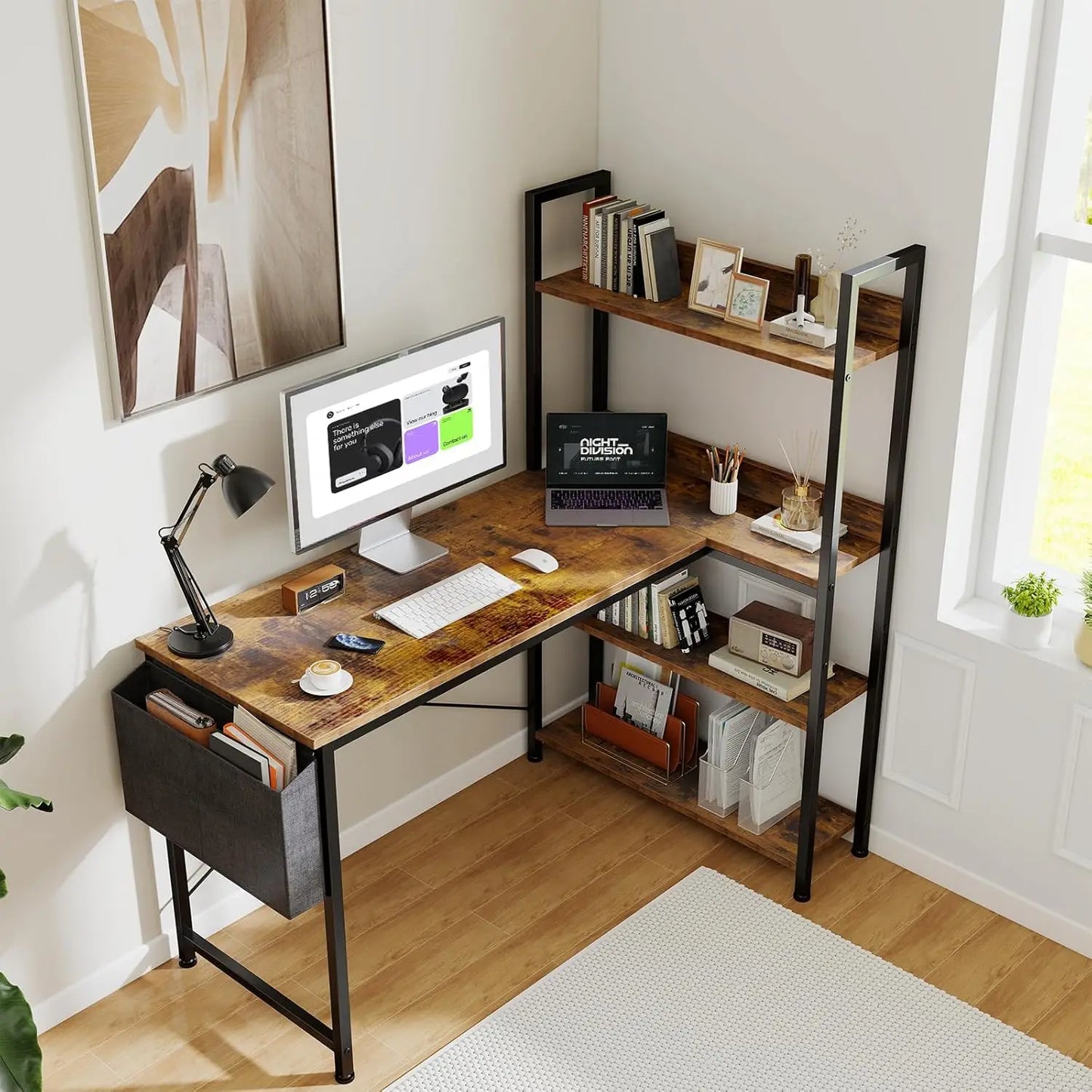 L-Shaped Corner Desk with Storage Shelf, Adjustable Feet for Dual Monitors, Brown Wood Office Table