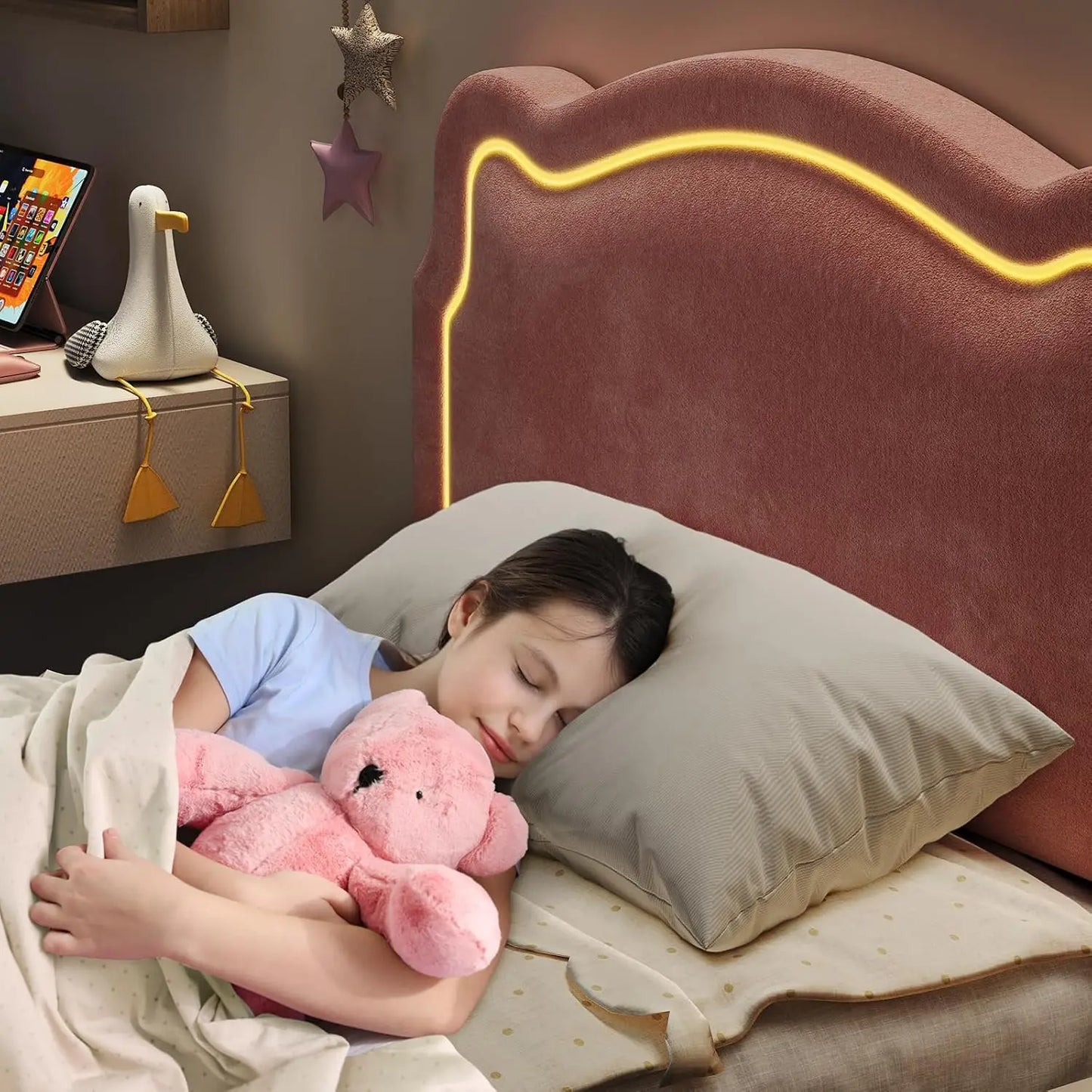 Twin Size Upholstered Princess Bed Frame with Bear-Shaped RGB LED Headboard and Storage Drawer