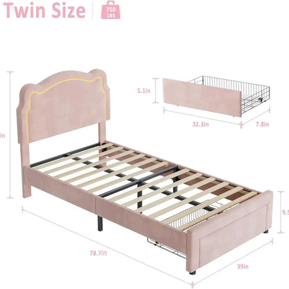 Twin Size Upholstered Princess Bed Frame with Bear-Shaped RGB LED Headboard and Storage Drawer