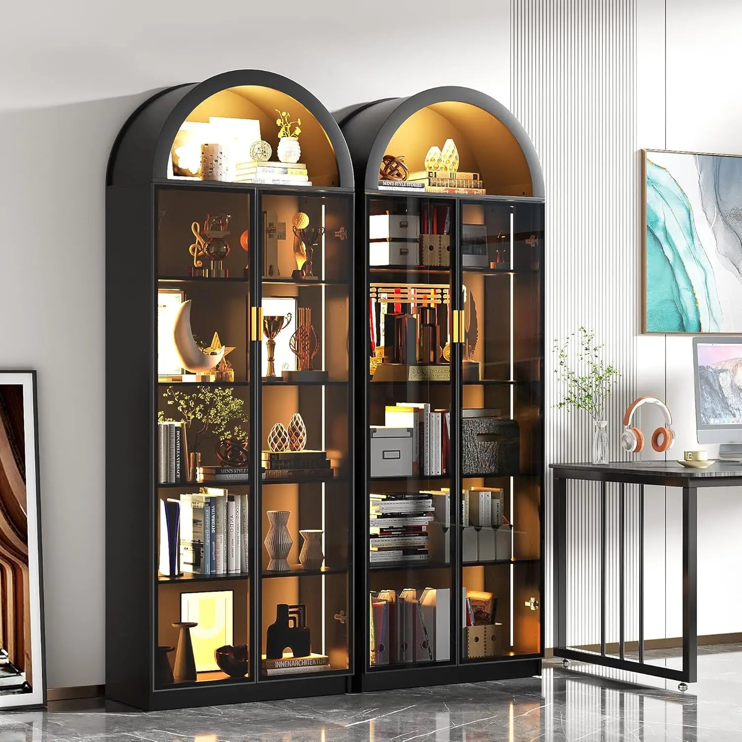Arch Display Cabinet with Doors and Adjustable Shelves, 76" Tall Curio Cabinet with LED Lights/Storage Space