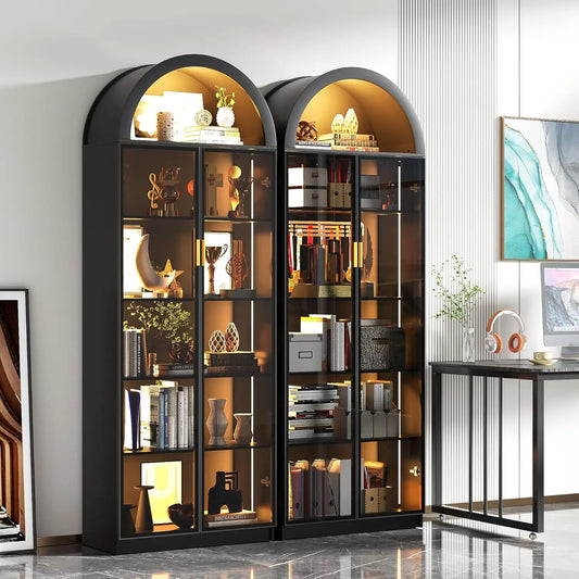 Arch Display Cabinet with Doors and Adjustable Shelves, 76" Tall Curio Cabinet with LED Lights/Storage Space