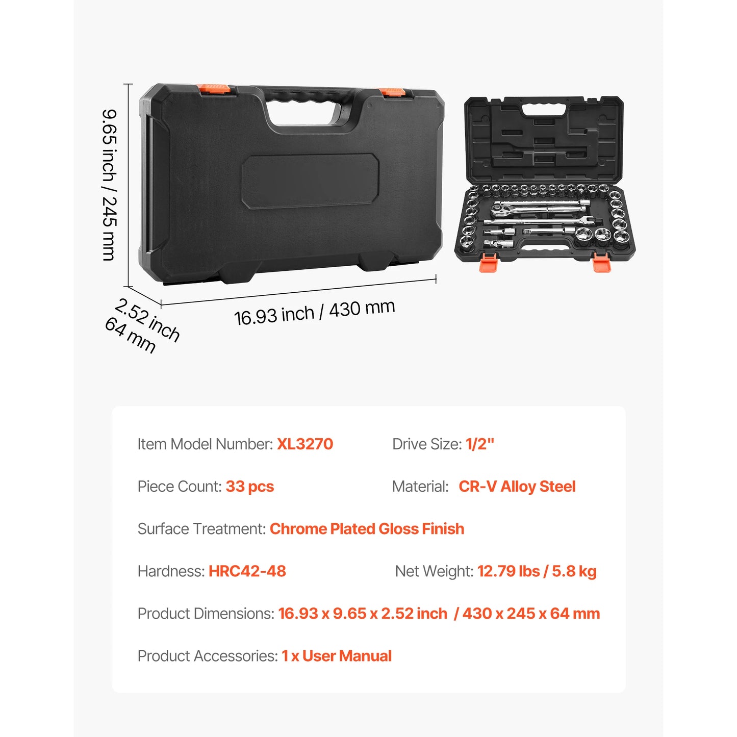 Socket Set 86 Pieces 1/4," 3/8," and 1/2inch SAE and Metric Socket and Ratchet Set