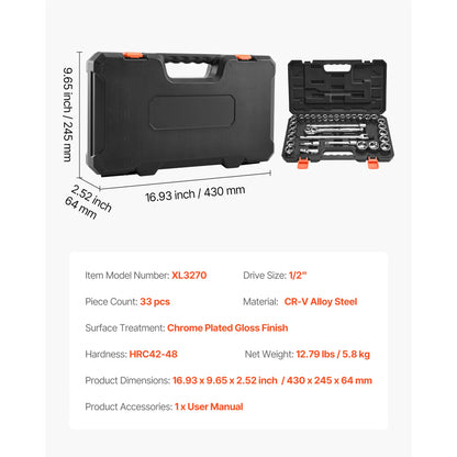 Socket Set 86 Pieces 1/4," 3/8," and 1/2inch SAE and Metric Socket and Ratchet Set