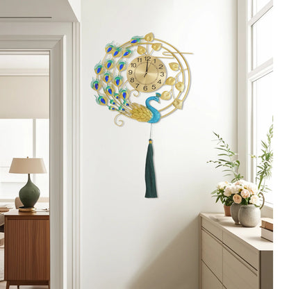 Peacock Metal Wall Clock, Gold Blue Wall-mounted Silent Art Wall Clock 58*100cm for Decoration Bedrooms