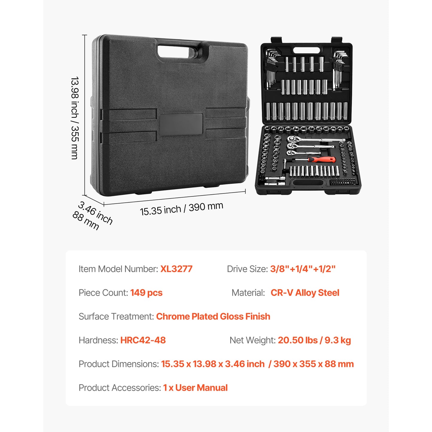Socket Set 86 Pieces 1/4," 3/8," and 1/2inch SAE and Metric Socket and Ratchet Set