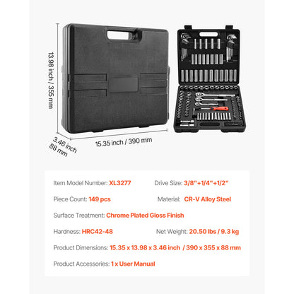 Socket Set 86 Pieces 1/4," 3/8," and 1/2inch SAE and Metric Socket and Ratchet Set