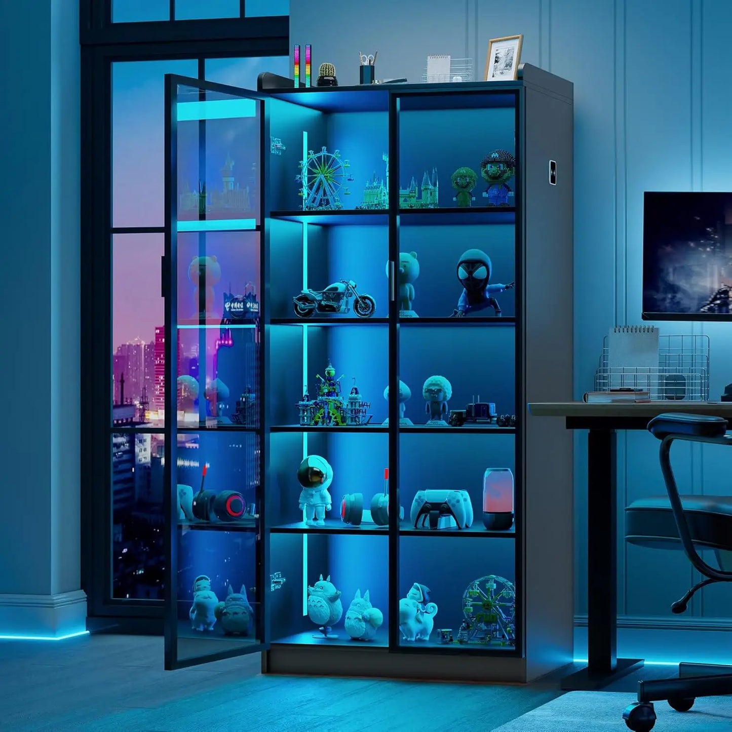 5 Tier Display Cabinet for Living Room, LED Bookcase with Human Body Induction Lights, 65” Tall Curio Cabinet