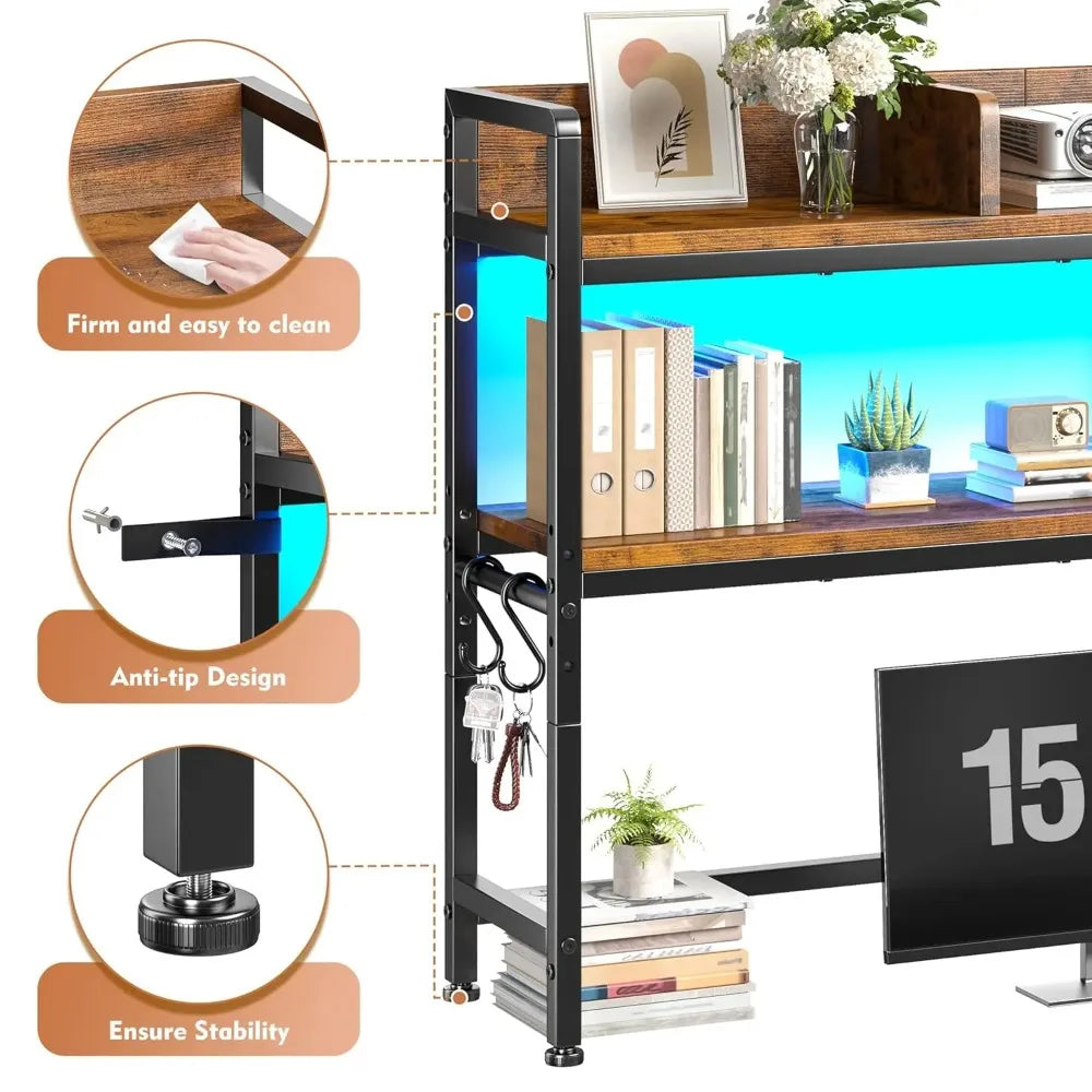 45.2" Desk Shelf with LED Lights and Hooks, 2-Tier Adjustable Multipurpose Solid Wood Desk Hutch Dorm, Desktop