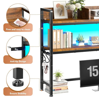 45.2" Desk Shelf with LED Lights and Hooks, 2-Tier Adjustable Multipurpose Solid Wood Desk Hutch Dorm, Desktop
