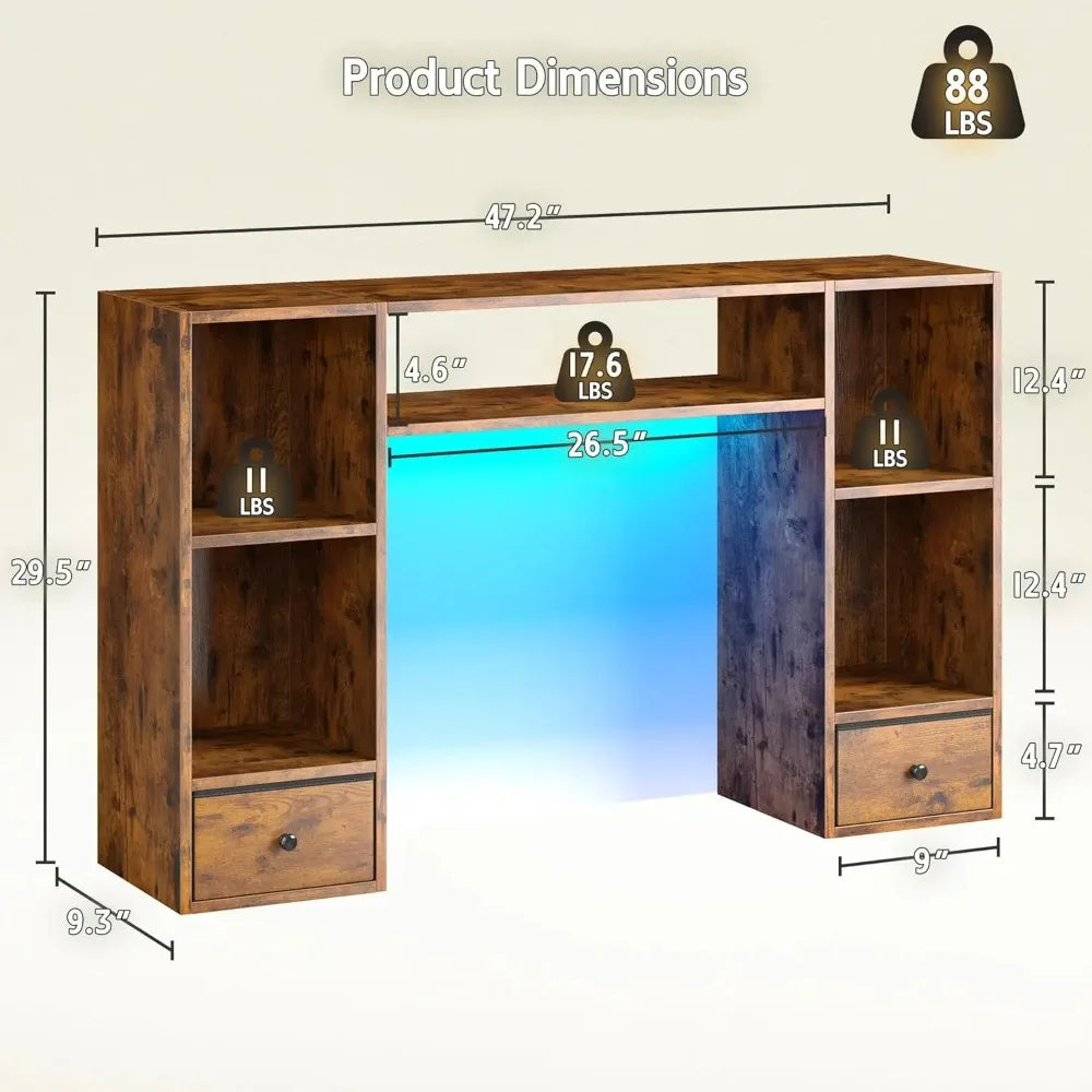Desktop Bookshelf with LED Lights, 47.2" Desktop Organizer with 6 Shelves and 2 Drawers for Top of Desk, Multipurpose, Customized
