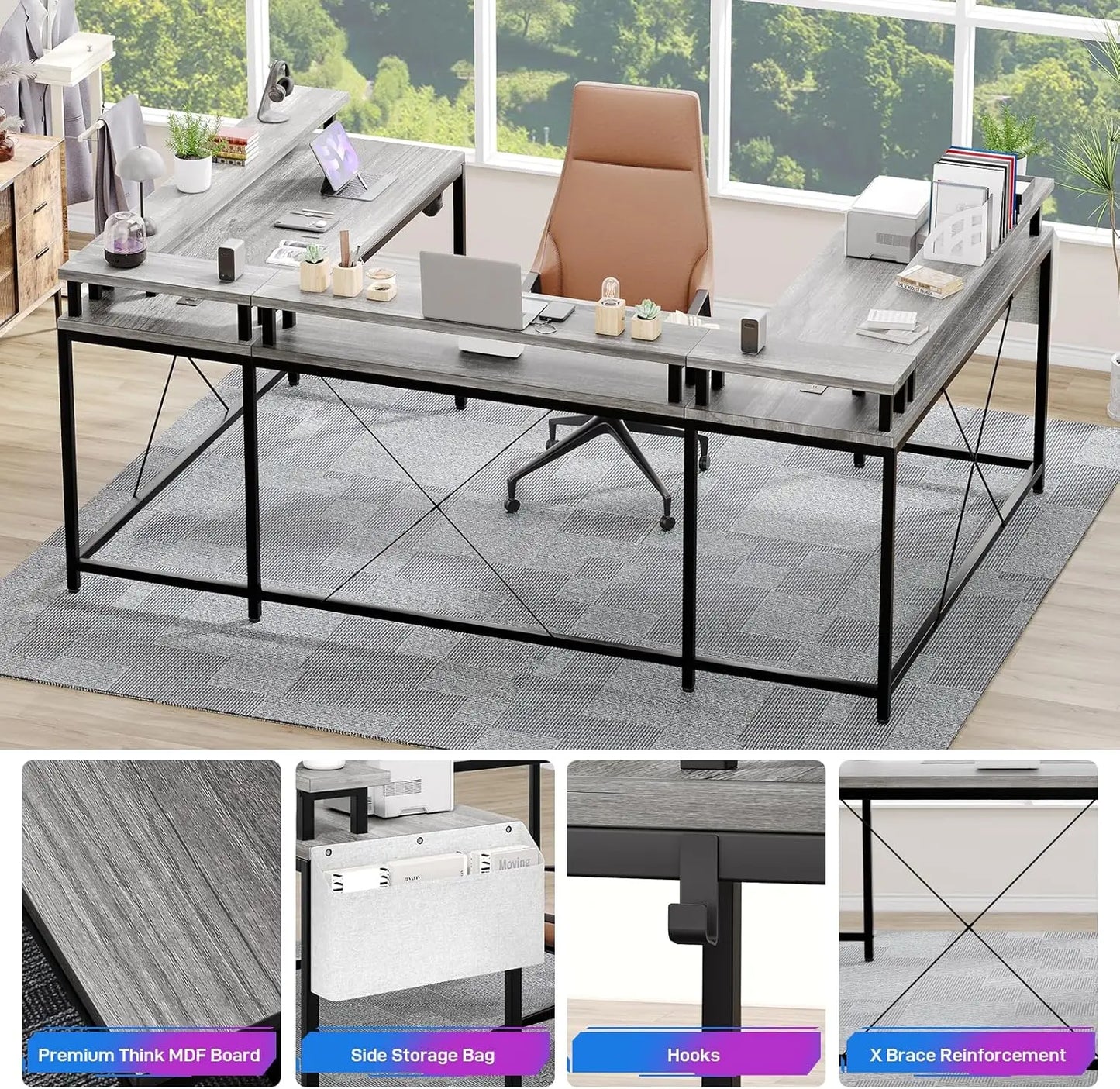 U Shaped Gaming Desk with Monitor Stand, Storage Shelves, and 2 Power Outlet Adjustable With RGB Color LED Light
