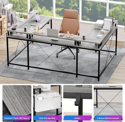 U Shaped Gaming Desk with Monitor Stand, Storage Shelves, and 2 Power Outlet Adjustable With RGB Color LED Light