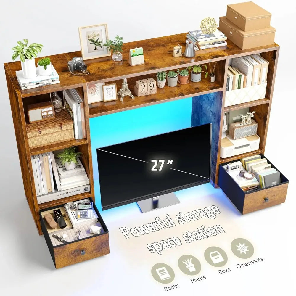 Desktop Bookshelf with LED Lights, 47.2" Desktop Organizer with 6 Shelves and 2 Drawers for Top of Desk, Multipurpose, Customized