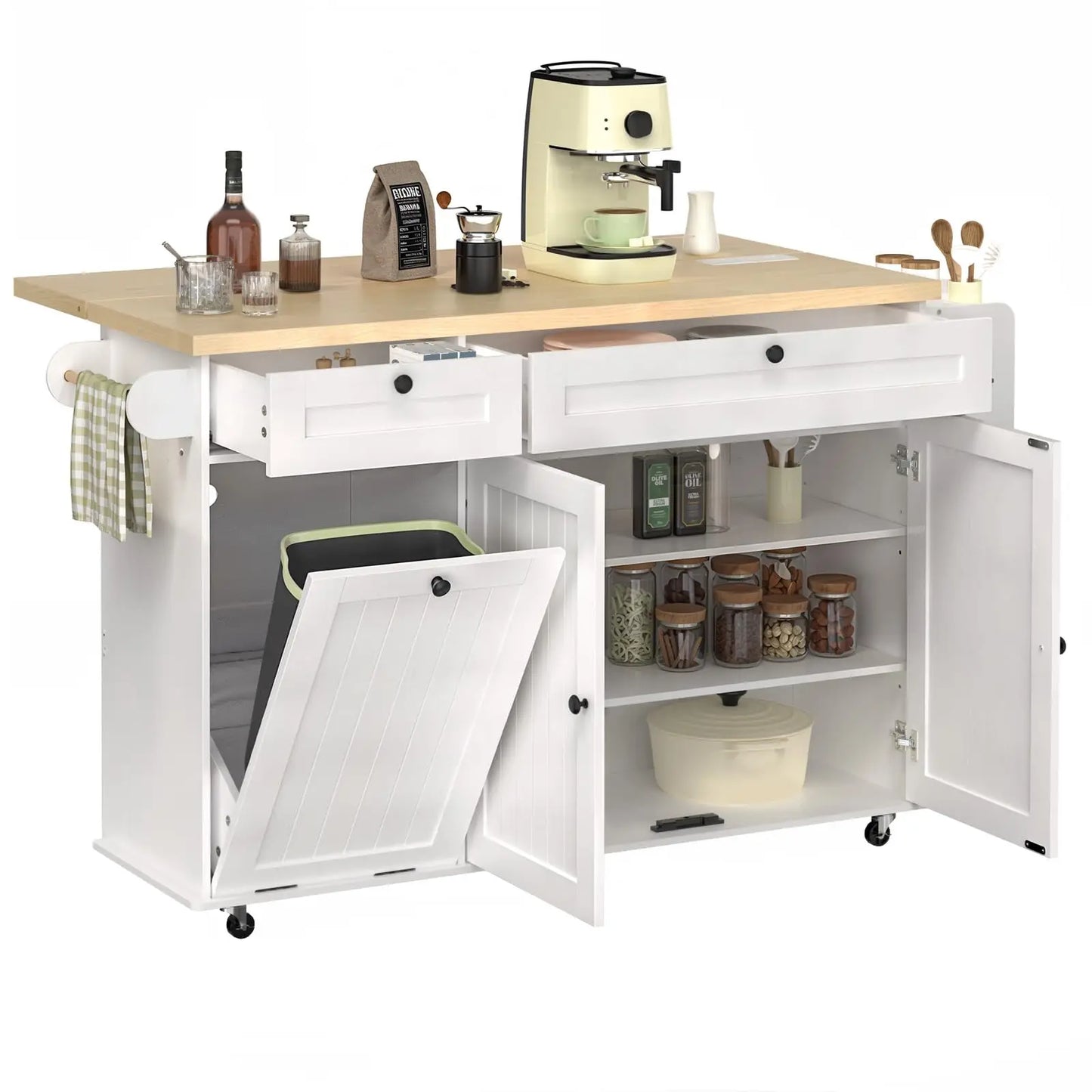 60 inch Mobile Kitchen Island, Rolling Trolley.  Drop Leaf Table Home Cart with Power Outlet, Spice, Towel Rack and Trash Bin