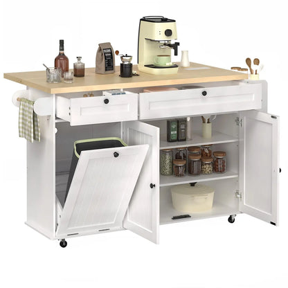 60 inch Mobile Kitchen Island, Rolling Trolley.  Drop Leaf Table Home Cart with Power Outlet, Spice, Towel Rack and Trash Bin