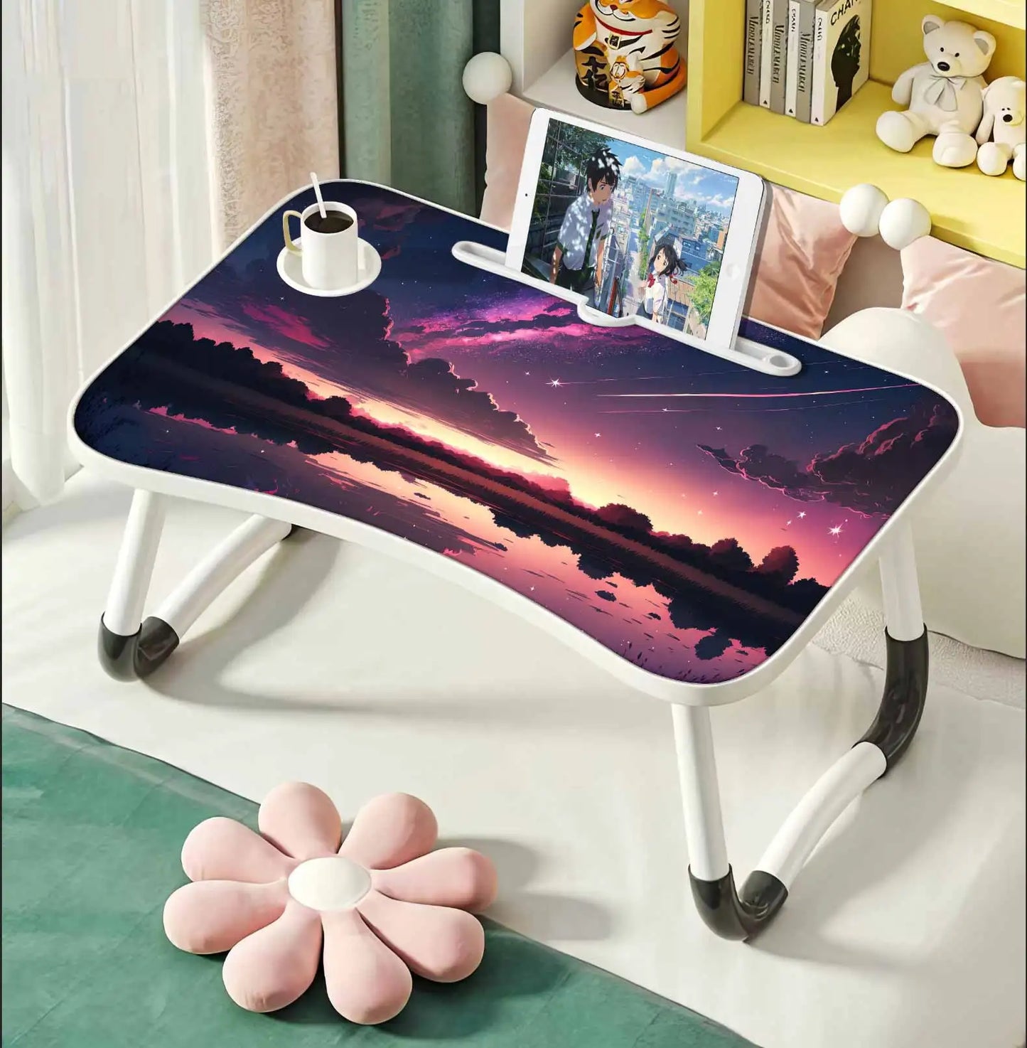 Extra-large multifunctional folding desk, portable wooden laptop bed desk with cup holder