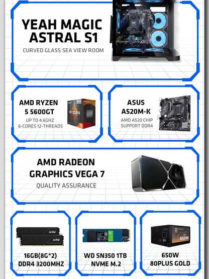 Gaming Desktop AMD Ryzen 5 5600GT 3.9GHz 16GB(8G*2) DDR4 3200 1T NVME SSD ARGB 7 Fans Win 11 Home
