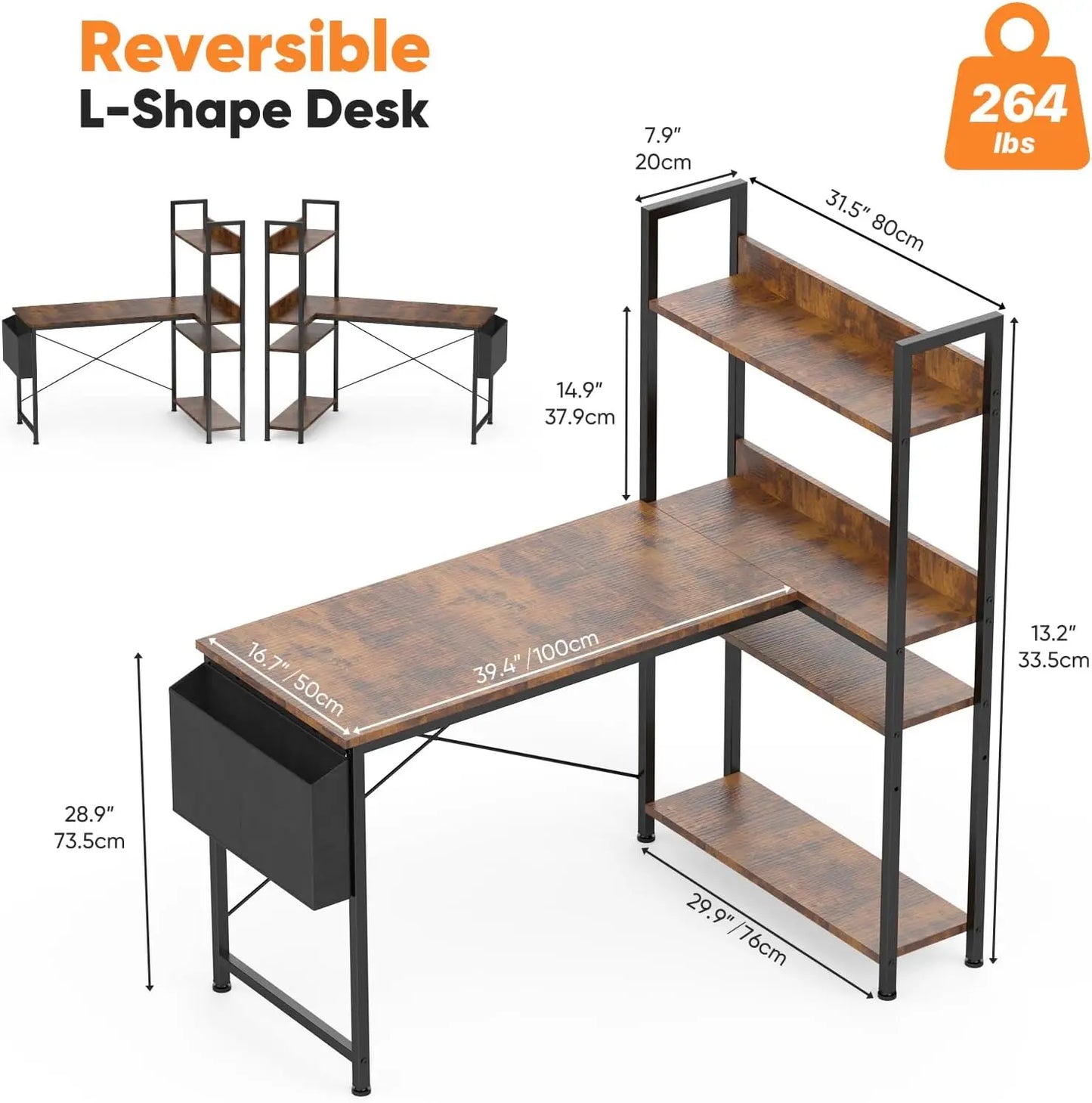 L-Shaped Corner Desk with Storage Shelf, Adjustable Feet for Dual Monitors, Brown Wood Office Table