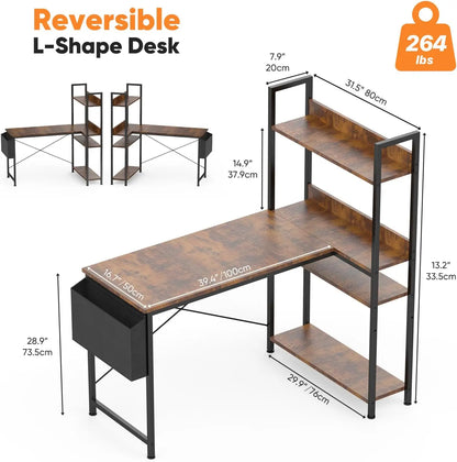 L-Shaped Corner Desk with Storage Shelf, Adjustable Feet for Dual Monitors, Brown Wood Office Table