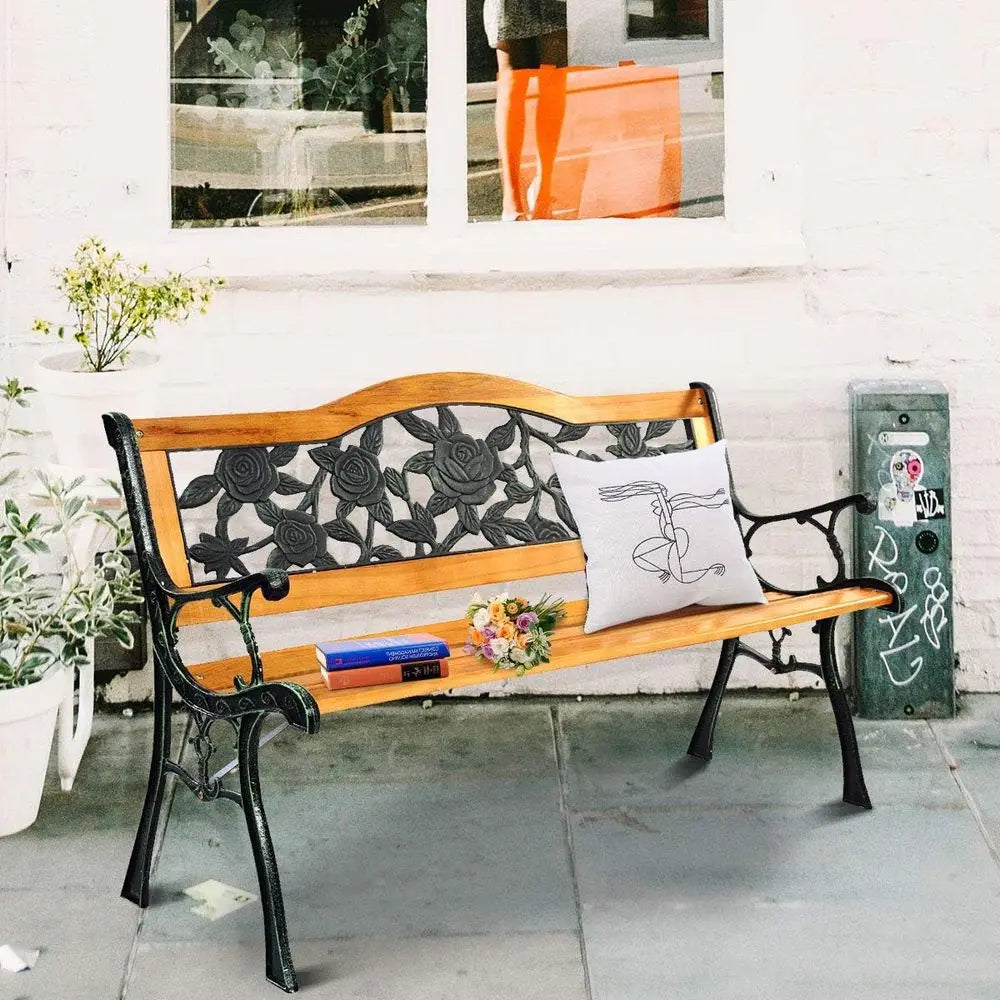 50 Inch Patio Bench, Outdoor Furniture Rose Cast Iron Hardwood Frame Porch Loveseat, Weather Proof Porch Path Chair for 2 Person