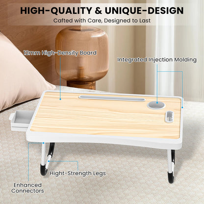 Extra-large multifunctional folding desk, portable wooden laptop bed desk with cup holder