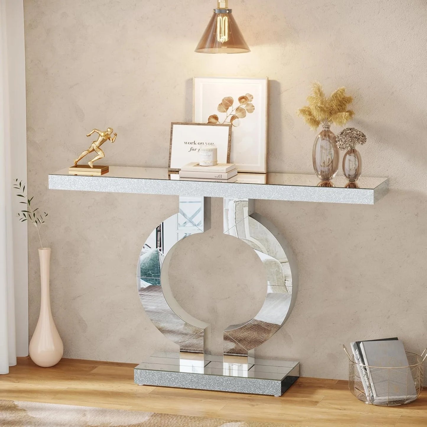 Mirror finished Console Table with O-Shaped Base, Great Entryway Table or Glass Sofa Table