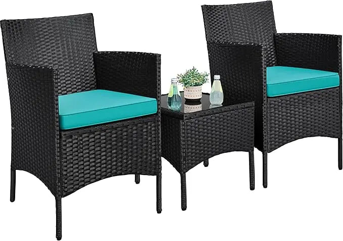 3 Pieces Patio Porch Furniture Set, Outdoor PE Rattan Wicker Conversation Set with Soft Cushions, Glass Coffee Table