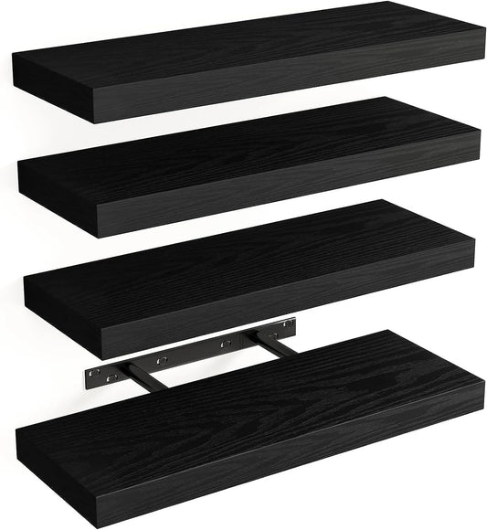 4 PACK Floating Shelves; Black Wall Mounted Display Shelves for Living Room Bedroom Home Decor
