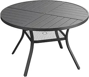 Outdoor Patio Round Dining Table for 6, 49.9" x 49.9" Metal Sleek Slat Dining Table with Umbrella Hole for Lawn Garden Deck Back