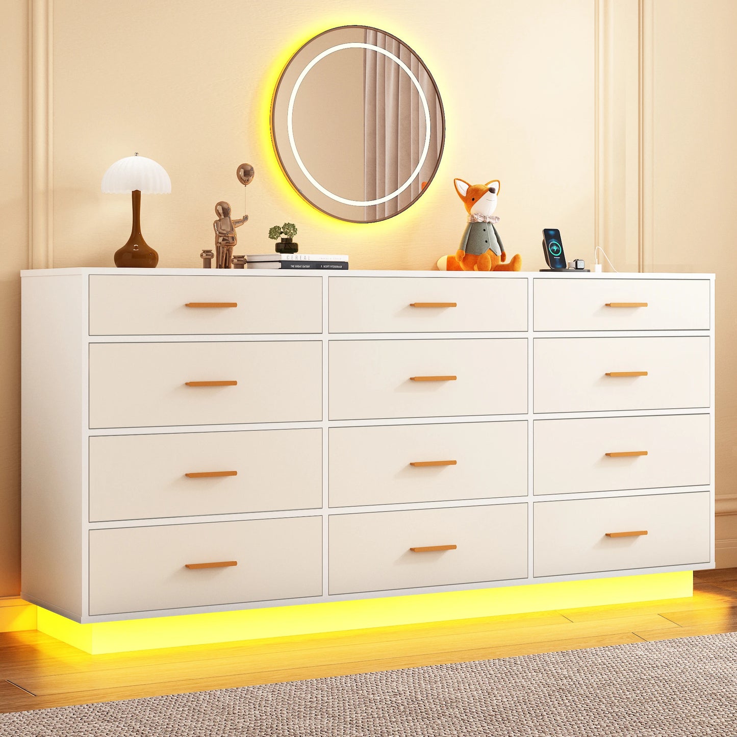 63 inch, 12 Drawer Dresser for Bedroom with Power Outlets & LED Lights