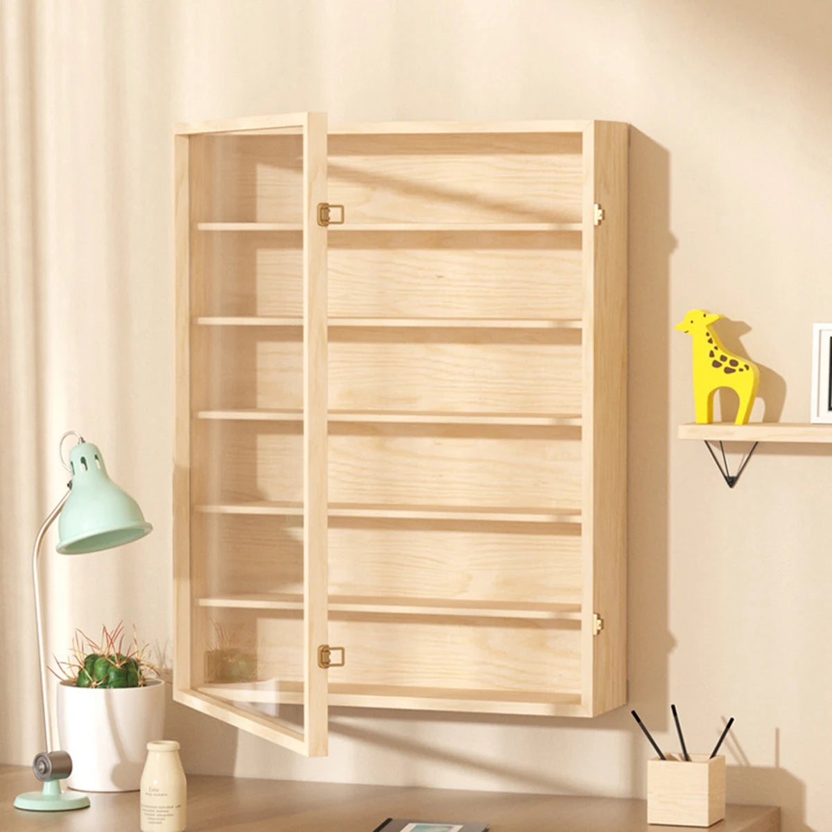 6-layers Solid Wood Wall Mounted Dust-Proof Display Cabinet