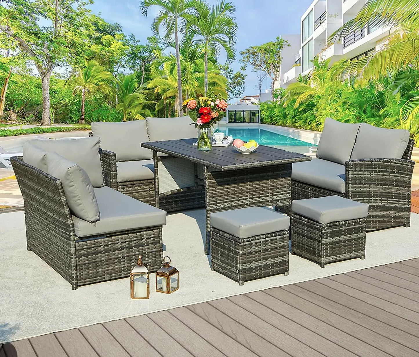 Patio Furniture Sets 7-Pieces Outdoor Sectional Sofa Rattan Wicker Sofa W/ Table