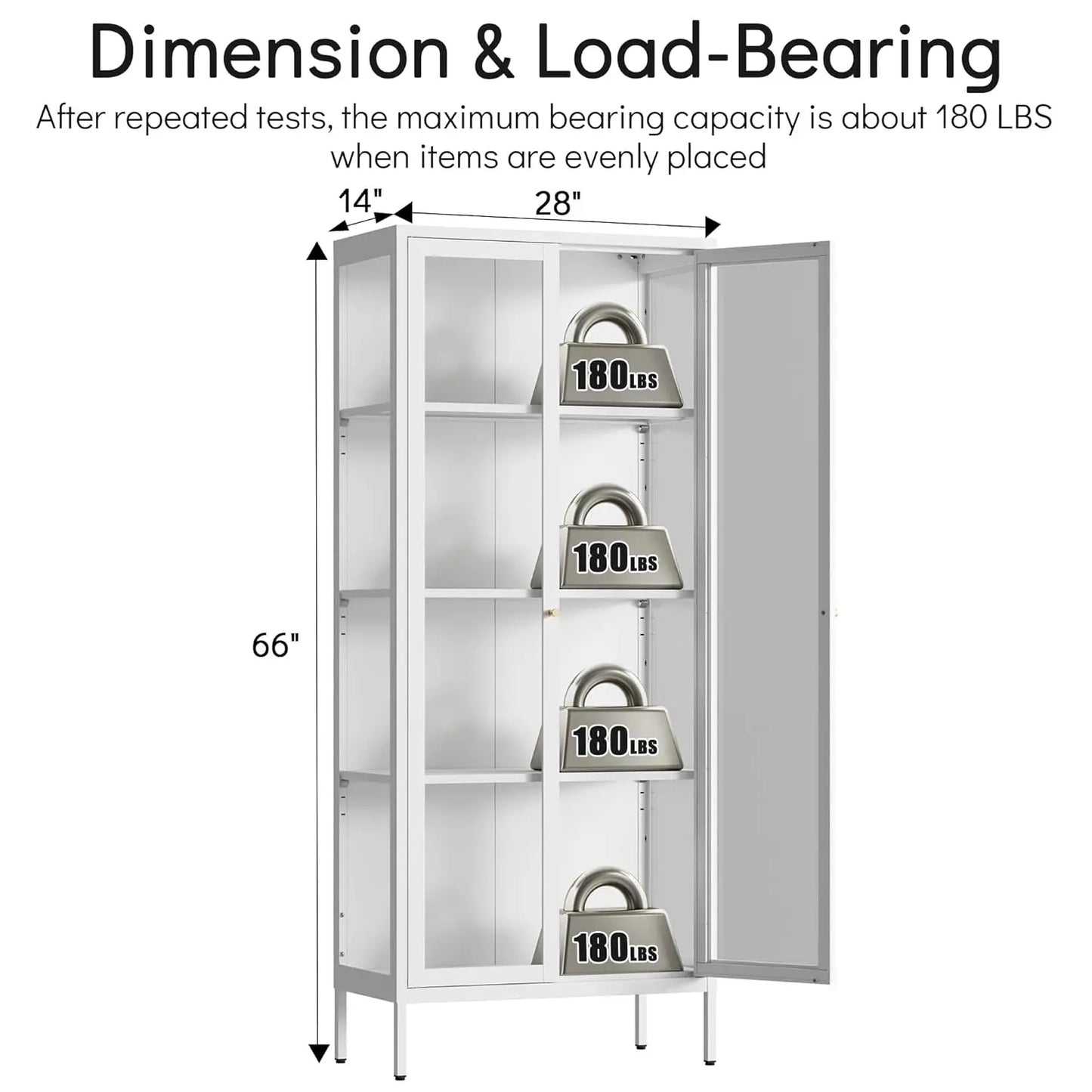 Display Cabinet with 3 Color LED Lights and Tempered Glass, 66 Inch Tall With 3 Sided Glass, White